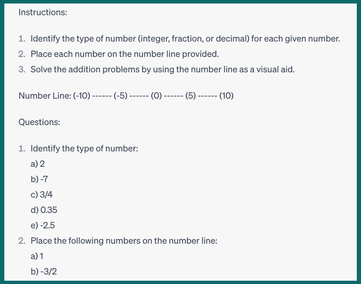 A screenshot of a ChatGPT conversation in which ChatGPT has generated a number line and questions about plotting numbers and fractions on the number line.