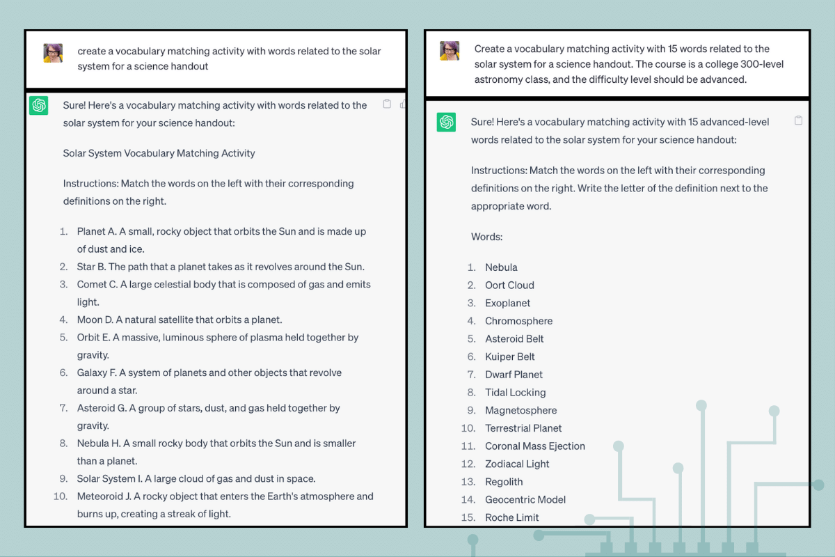 Screenshot of two side-by-side ChatGPT conversations, of creating a vocabulary list about the Solar Sytem.