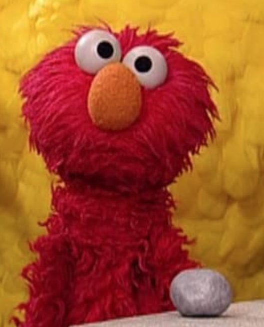 An image of Elmo the red Muppet staring at the viewer with an exasperated expression. In front of him is his friend Zoey’s pet rock, Rocco. Elmo often argues with Zoey that Rocco is just a rock, but Zoey continues anthropomorphizing Rocco anyway, to Elmo’s eternal frustration.