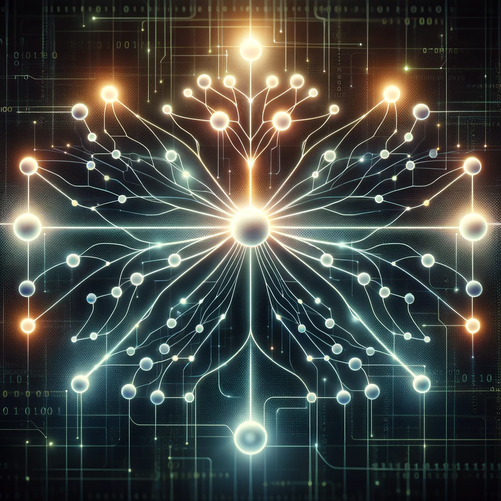 An image generated by DALL-E artistically representing a neural network, such as the networks supporting LLMs such as ChatGPT and the GPT Builder. The connections of the neural network are represented by glowing orbs connected by bands of light, branching out fractally from a central point.