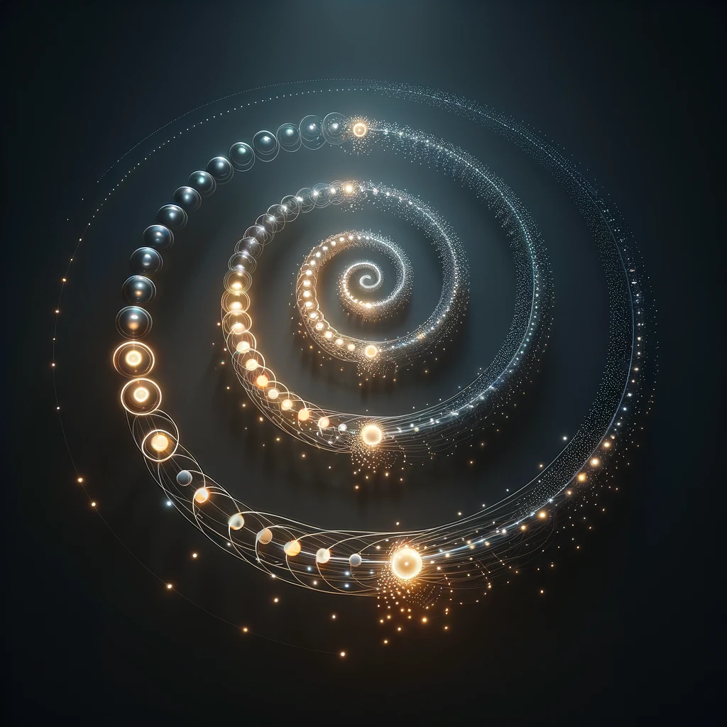 An image generated by DALL-E representing a recursive, iterative process, such as designing a GPT using GPT Builder, as a spiral, with the steps of the process represented by glowing orbs connected by bands of light