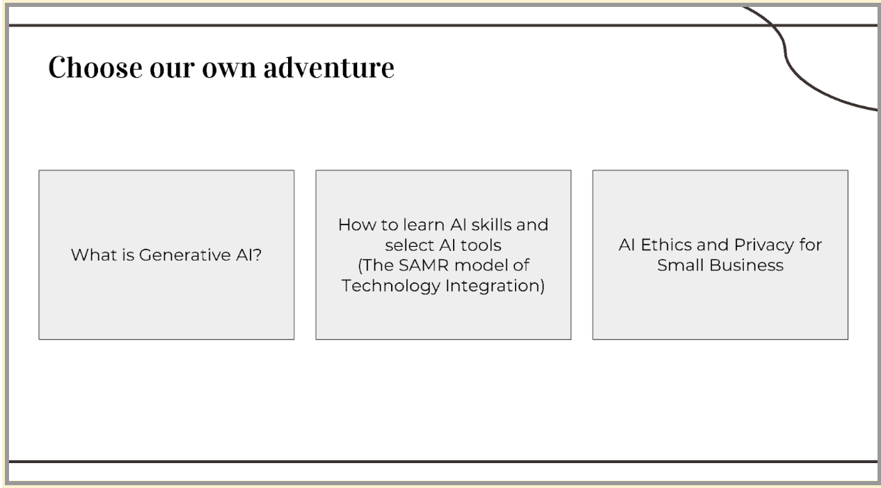  “Google Slides slide with a title and three boxes with text in them. Title: Choose our own adventure. First box: What is Generative AI? Second Box: How to learn and select AI tools (The SAMR model of Technology Integration). Third box: AI Ethics and Privacy for Small Businesses.” 