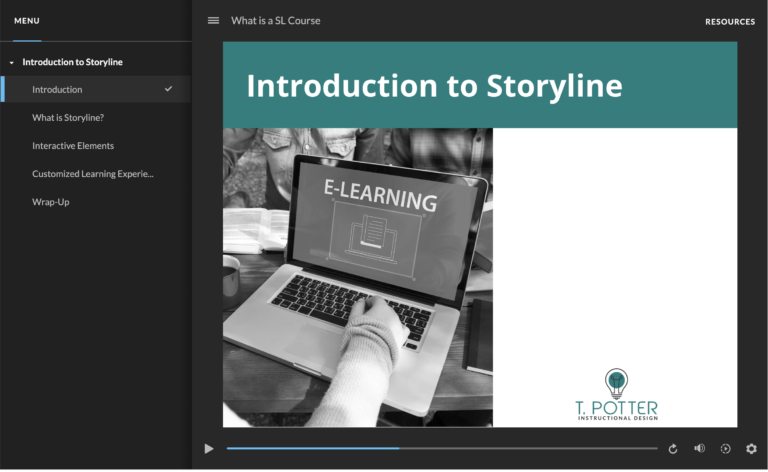 Introduction to Storyline course image with an image of a laptop in the center and the course outline on the left side.